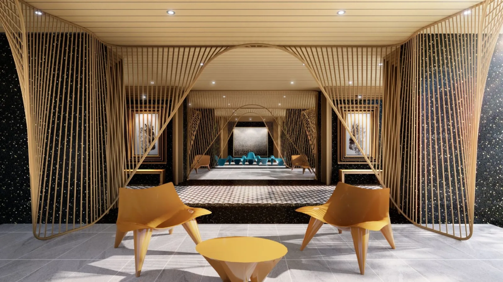 HugoZ Suites KLCC golden lobby corridor and lounge, Kuala Lumpur