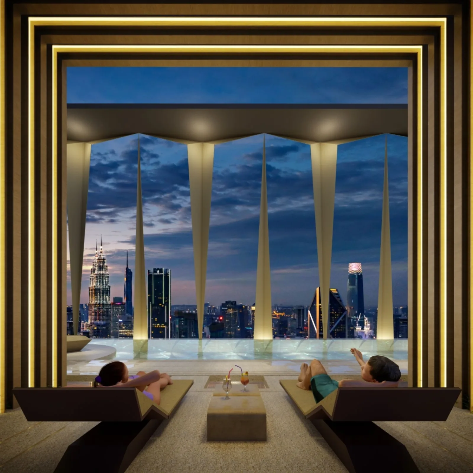 HugoZ Suites KLCC rooftop infinity pool lounge with Petronas Twin Towers view