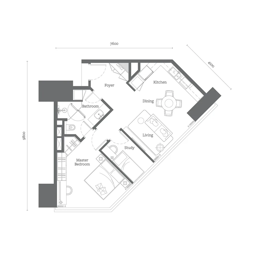 Jewel by Oxley KLCC 1+1 Bedroom B2 floor plan — 775 sqft