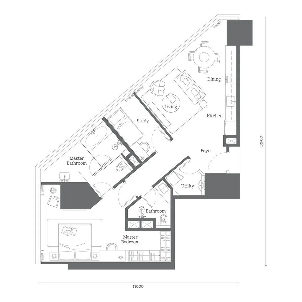 Jewel by Oxley KLCC 1+1 Bedroom B5 floor plan — 1,033 sqft