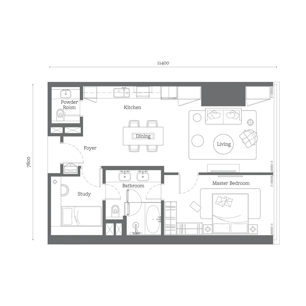 Jewel by Oxley KLCC 1+1 Bedroom C1 floor plan — 958 sqft