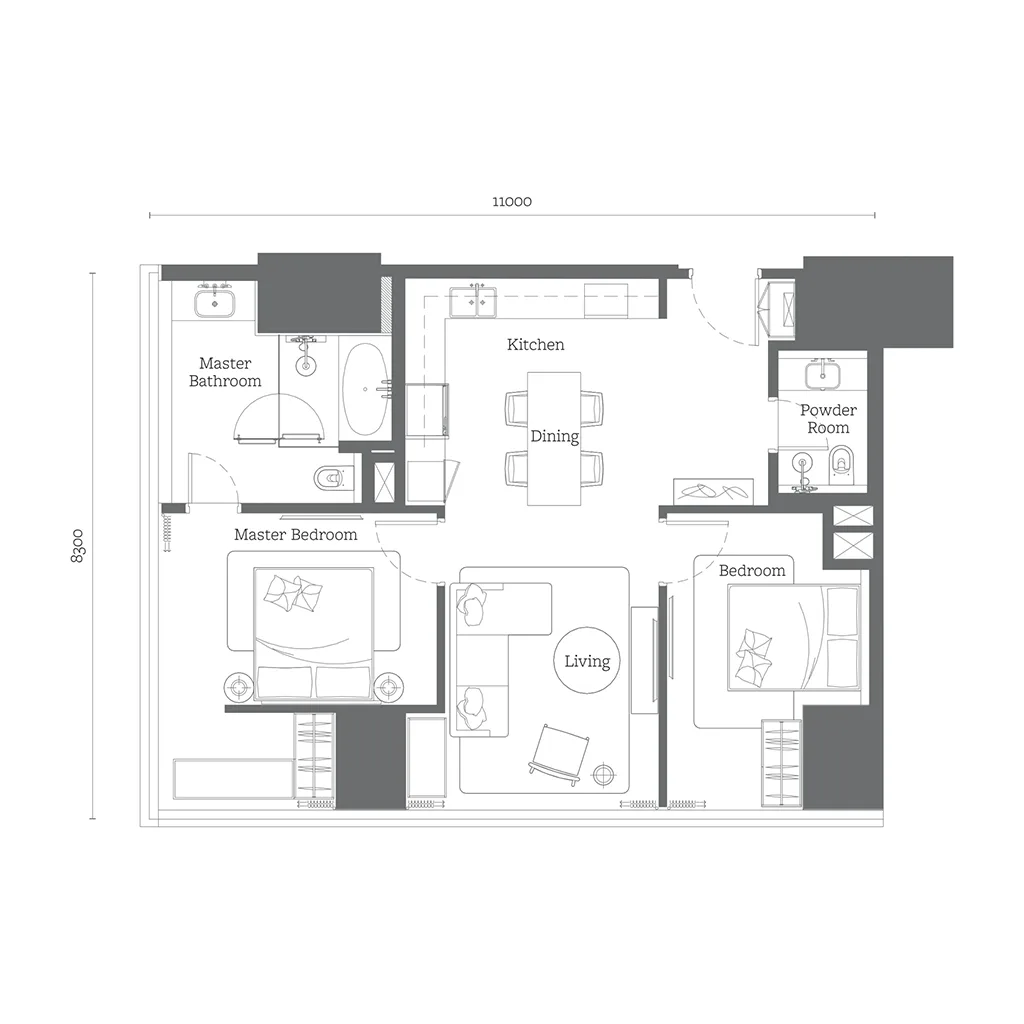 Jewel by Oxley KLCC 2 Bedroom C2 floor plan — 980 sqft