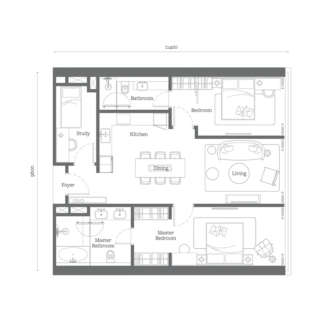 Jewel by Oxley KLCC 2+1 Bedroom D2 floor plan — 1,173 sqft