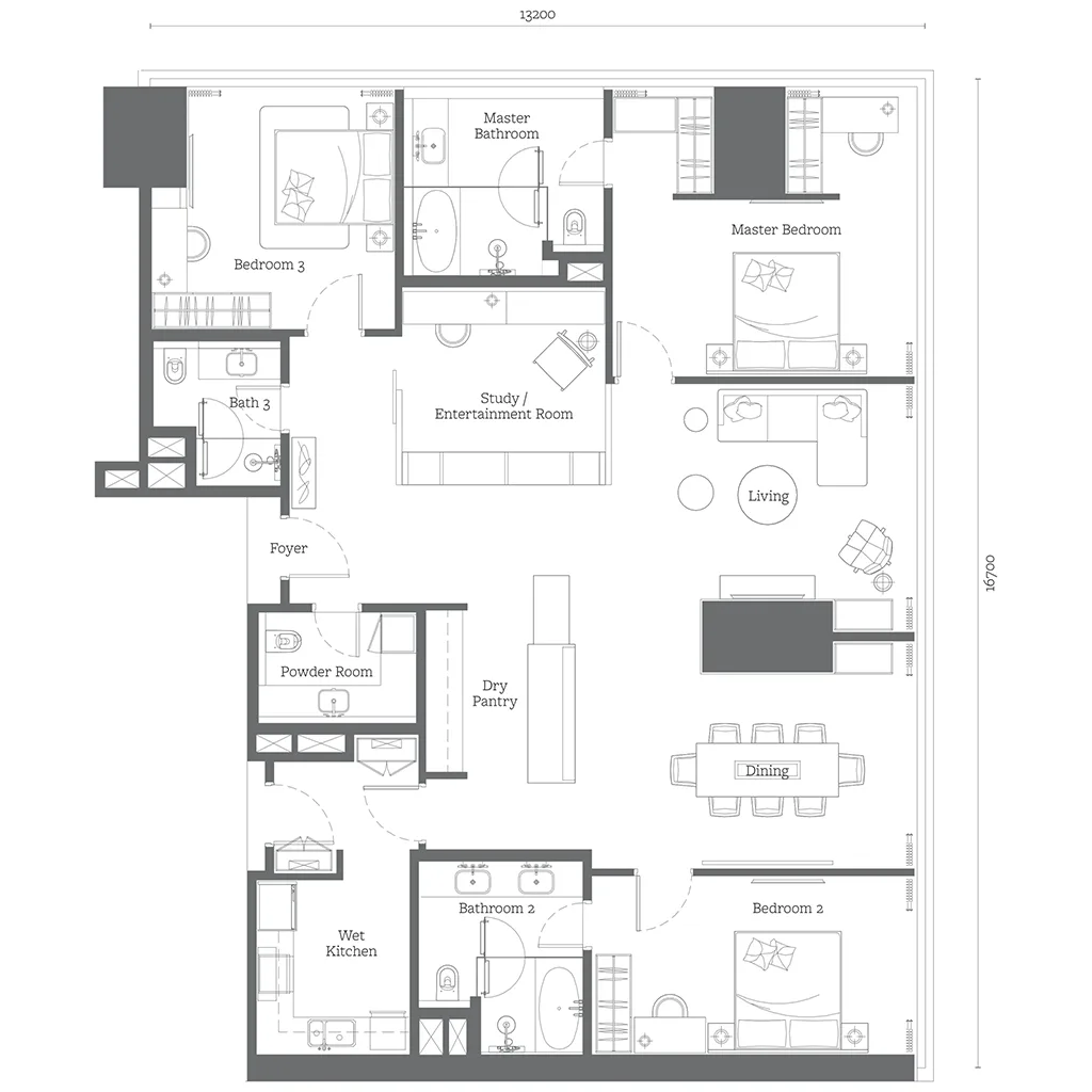Jewel by Oxley KLCC 3+1 Bedroom E1 floor plan — 2,185 sqft