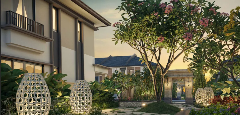 Jimbaran @ Gaia Gardens Link Villas Landscaped garden walkway with plumeria trees between Jimbaran Link Villas homes at Setia Eco Templer