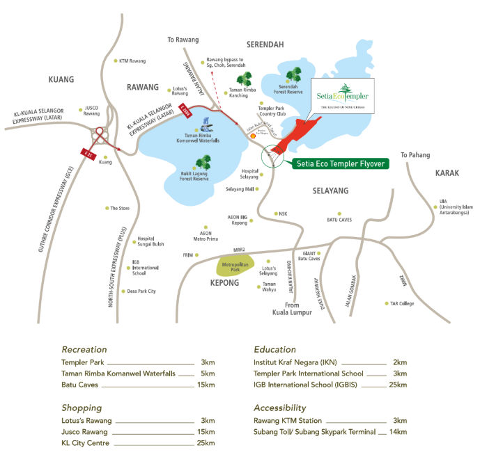 Jimbaran @ Gaia Gardens Link Villas Setia Eco Templer location and connectivity map showing distances to Templer Park, Rawang KTM, Batu Caves and GCE/LATAR expressways