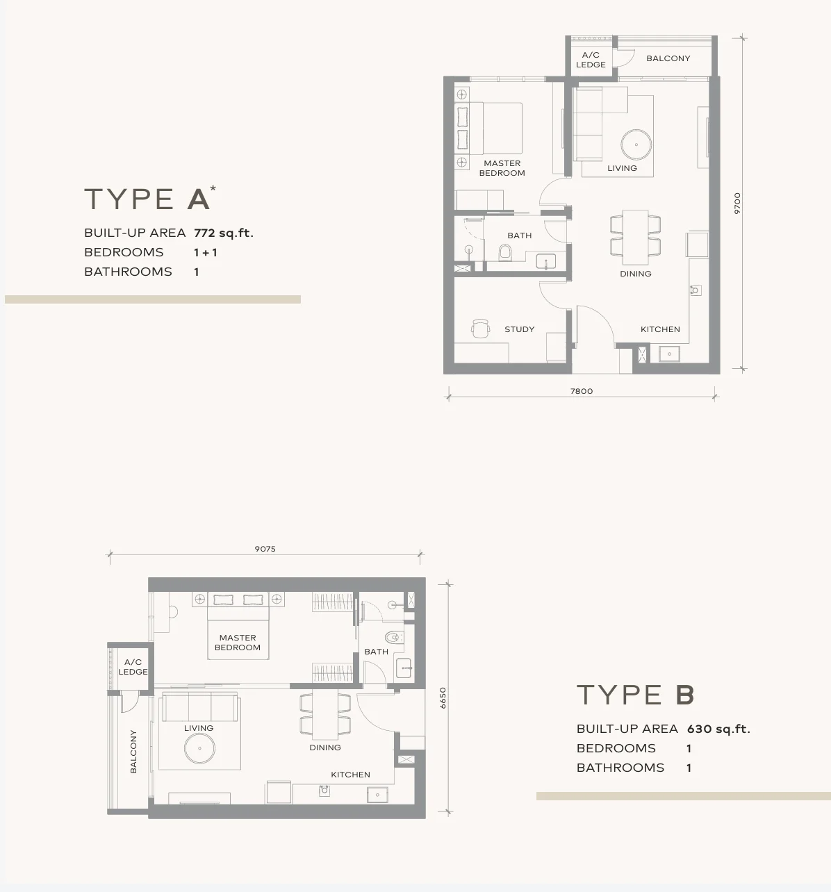 Khaya Residence Type A and B floor plan, 772 and 630 sq ft units in Bangsar