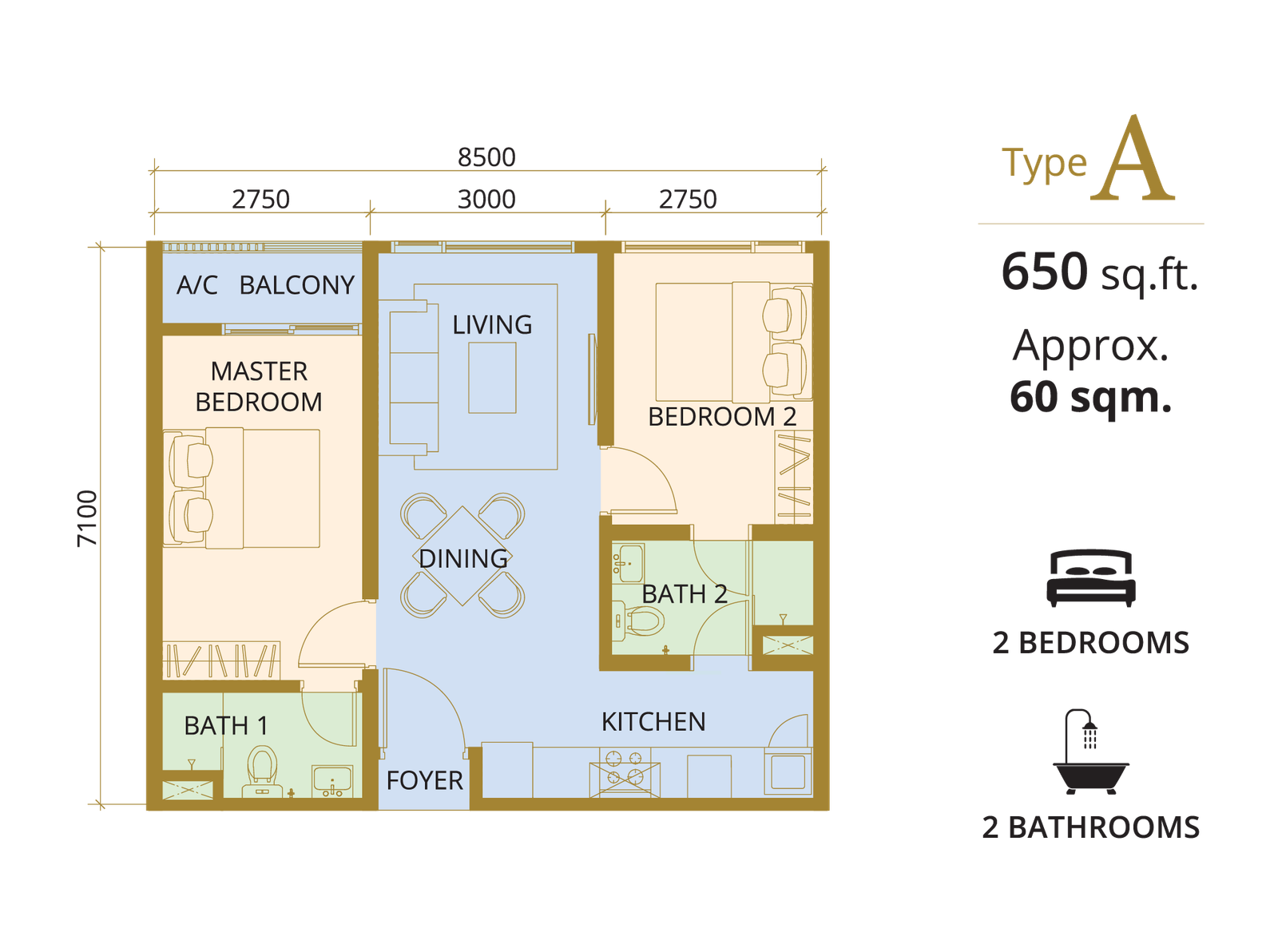 KL 48 Type A floor plan — 650 sqft, 2 bedrooms, 2 bathrooms in Sungai Besi, Kuala Lumpur