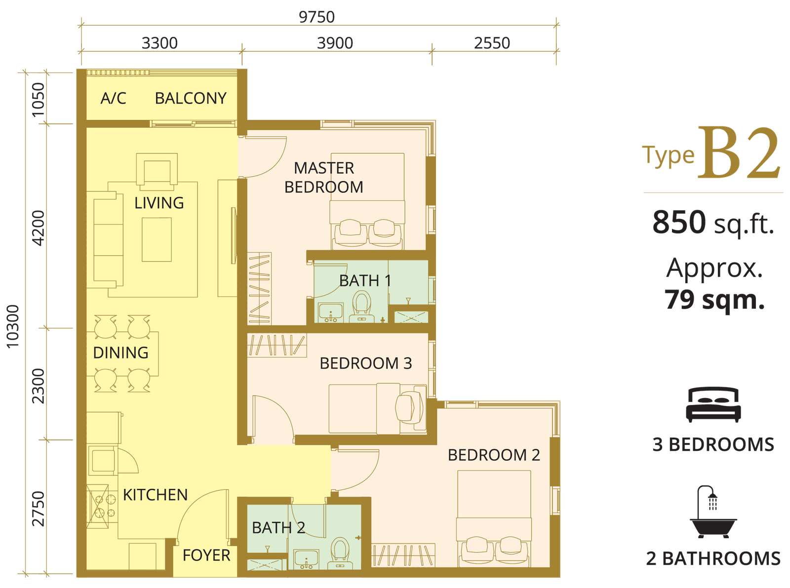 KL 48 B2户型平面图 — 850平方尺，3房2卫