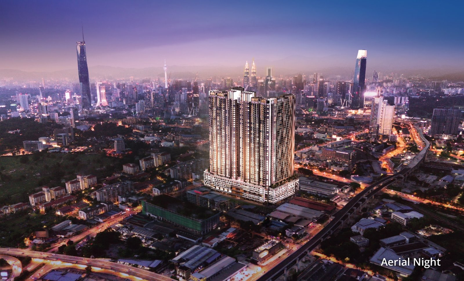 KL 48 aerial night view with Kuala Lumpur city skyline in the background in Sungai Besi, Kuala Lumpur