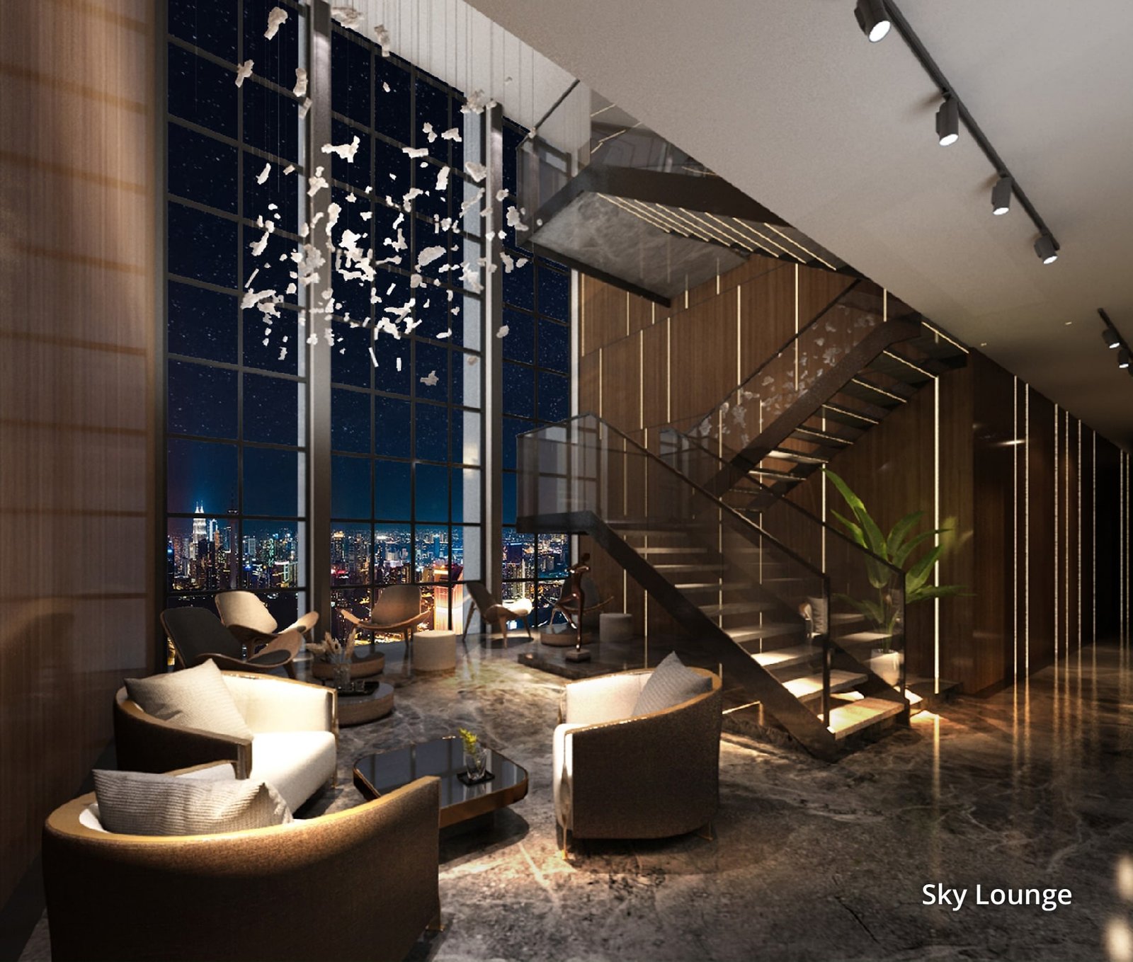KL 48 sky lounge interior with Kuala Lumpur night skyline view in Sungai Besi, Kuala Lumpur