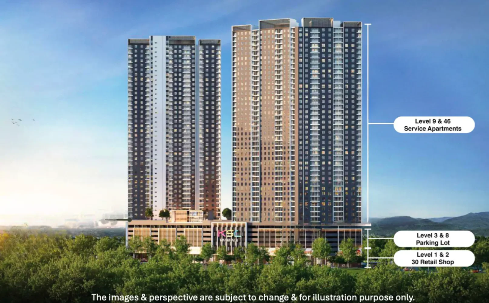KSL Riverhaus building massing diagram showing retail podium, parking decks and serviced apartment levels in Pulai, Iskandar Puteri, Johor Bahru, Johor