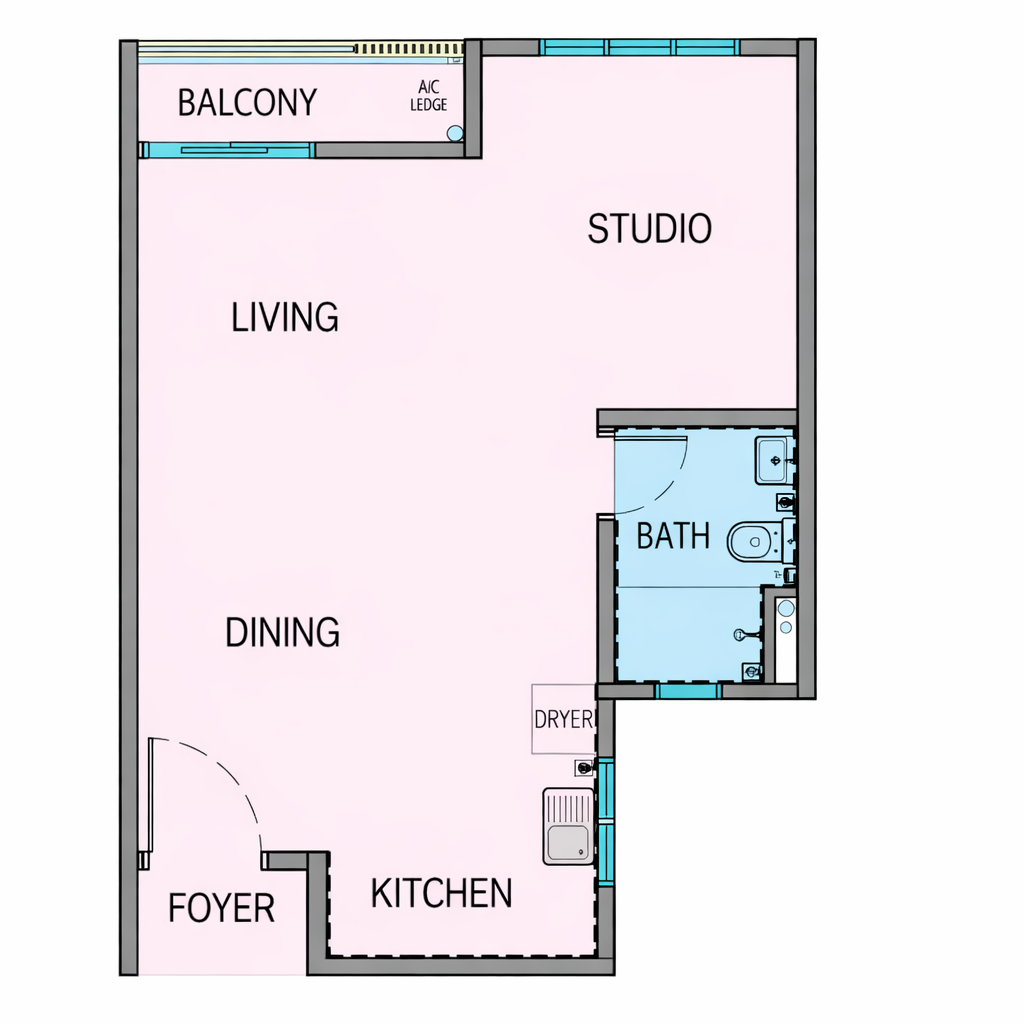 KSL Riverhaus Type A Studio floor plan, 501 sqft 1-bedroom 1-bathroom layout in Pulai, Iskandar Puteri, Johor Bahru, Johor