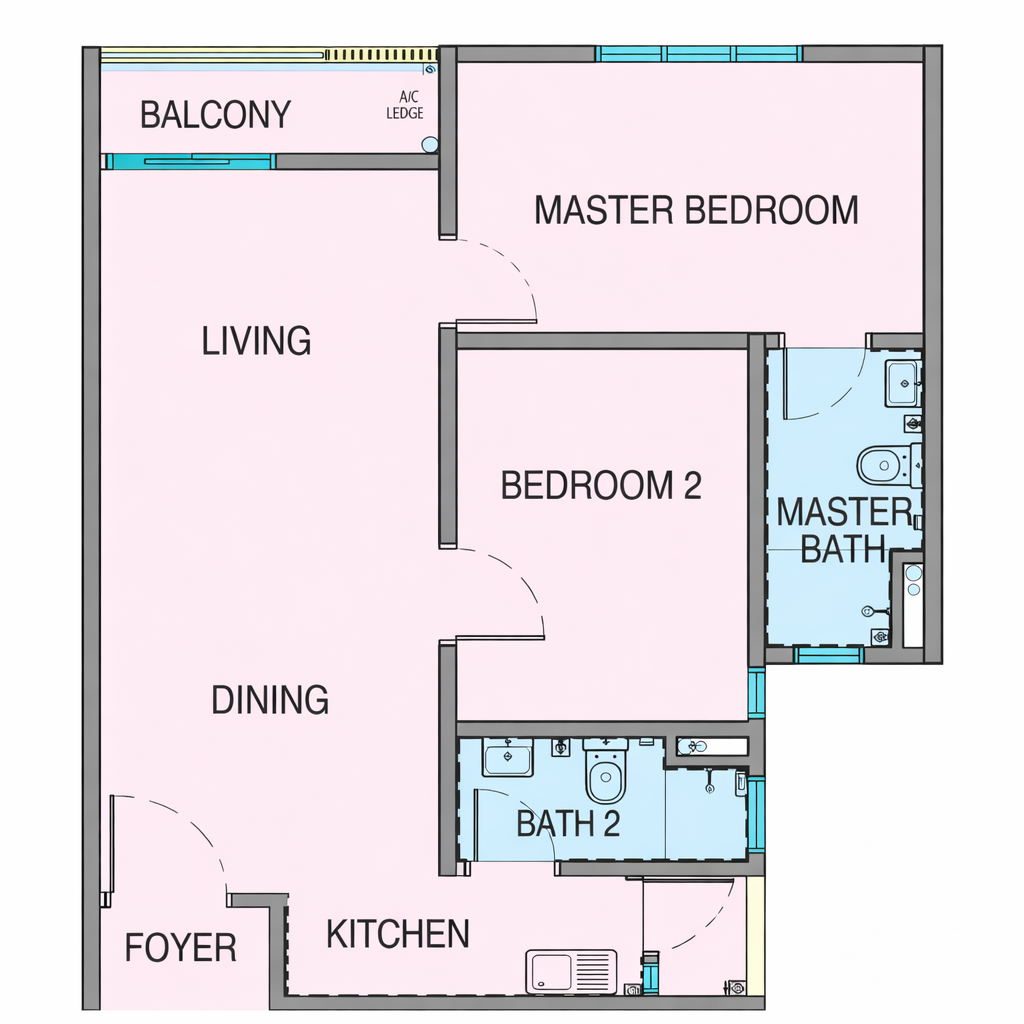 KSL Riverhaus B户型平面图，649平方尺，2房2卫