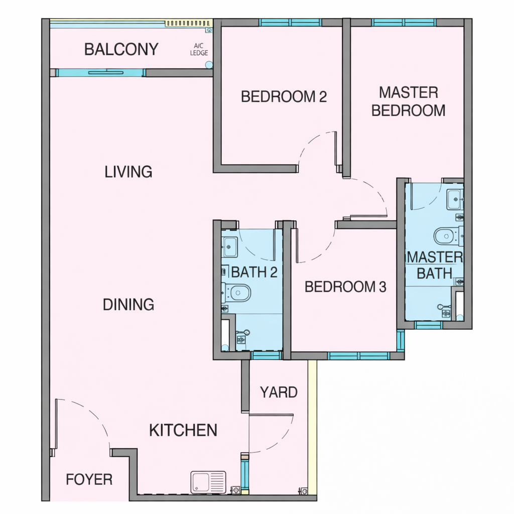 KSL Riverhaus C户型平面图，749平方尺，3房2卫