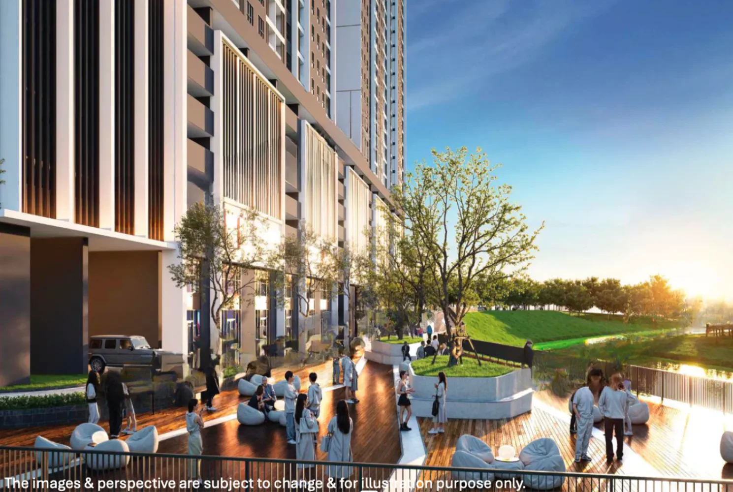 KSL Riverhaus ground-level riverside boardwalk and landscaped promenade at the foot of the towers in Pulai, Iskandar Puteri, Johor Bahru, Johor