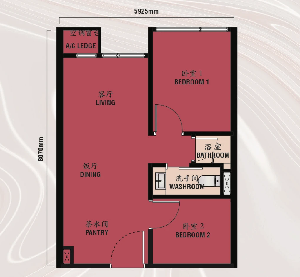 KylieZ Suites Type A 戶型圖,484平方尺(2房1衛)
