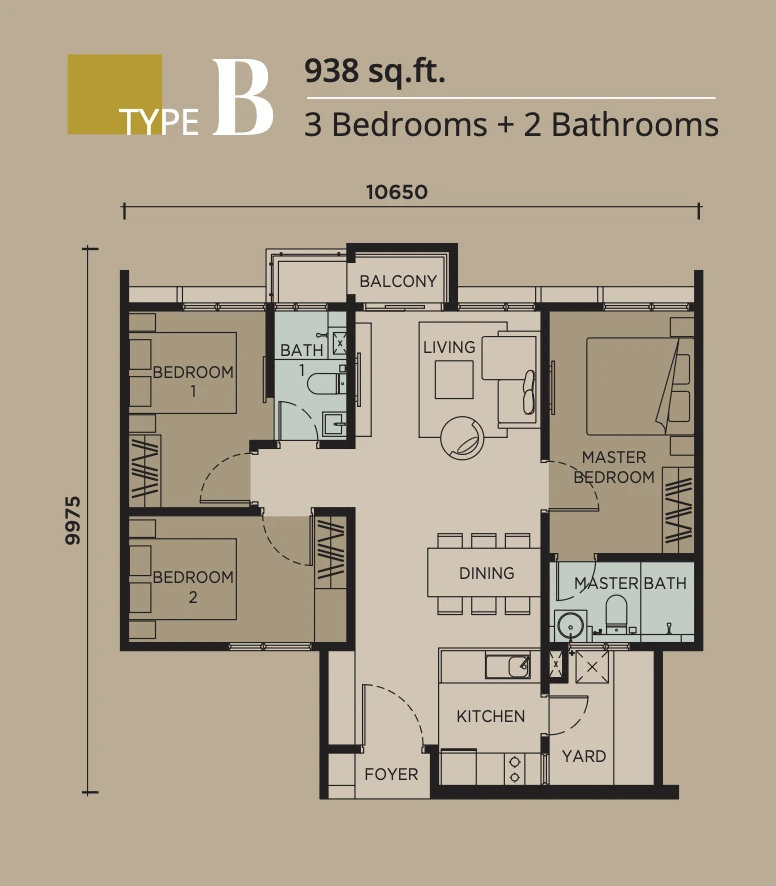 Levia Residence Type B floor plan, 938 sq ft, 3 bedrooms 2 bathrooms, Cheras Kuala Lumpur