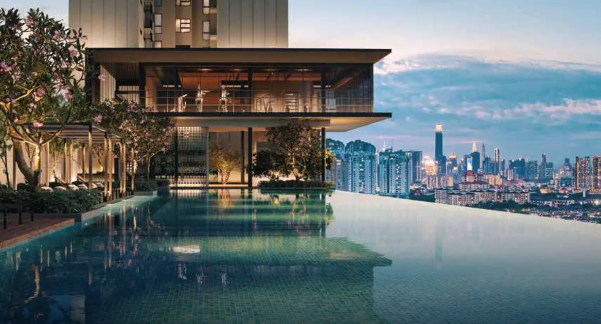 Levia Residence Level 6 infinity pool with gymnasium pavilion and Kuala Lumpur city skyline backdrop, Cheras