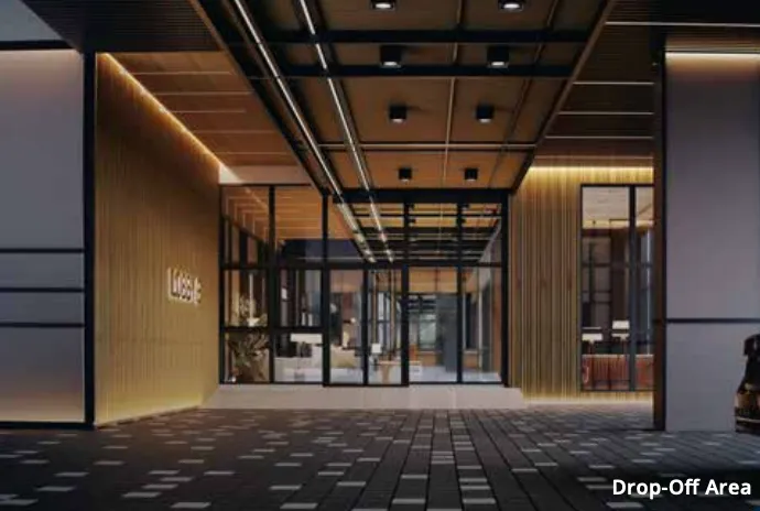 Levia Residence covered lobby drop-off area with timber-clad ceiling, Cheras Kuala Lumpur