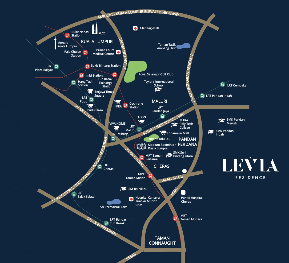 Levia Residence location and connectivity map showing MRT, LRT stations, highways, schools and hospitals near Jalan Kuari, Cheras Kuala Lumpur