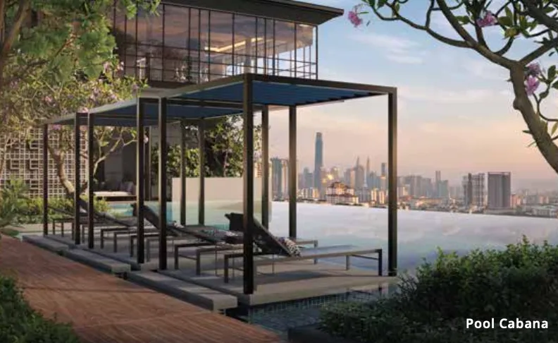 Levia Residence Level 6 Pool Cabana with sun loungers overlooking the Kuala Lumpur skyline, Cheras