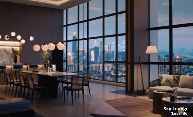 Levia Residence Level 36 Sky Lounge interior with dining area and panoramic Kuala Lumpur night skyline view, Cheras