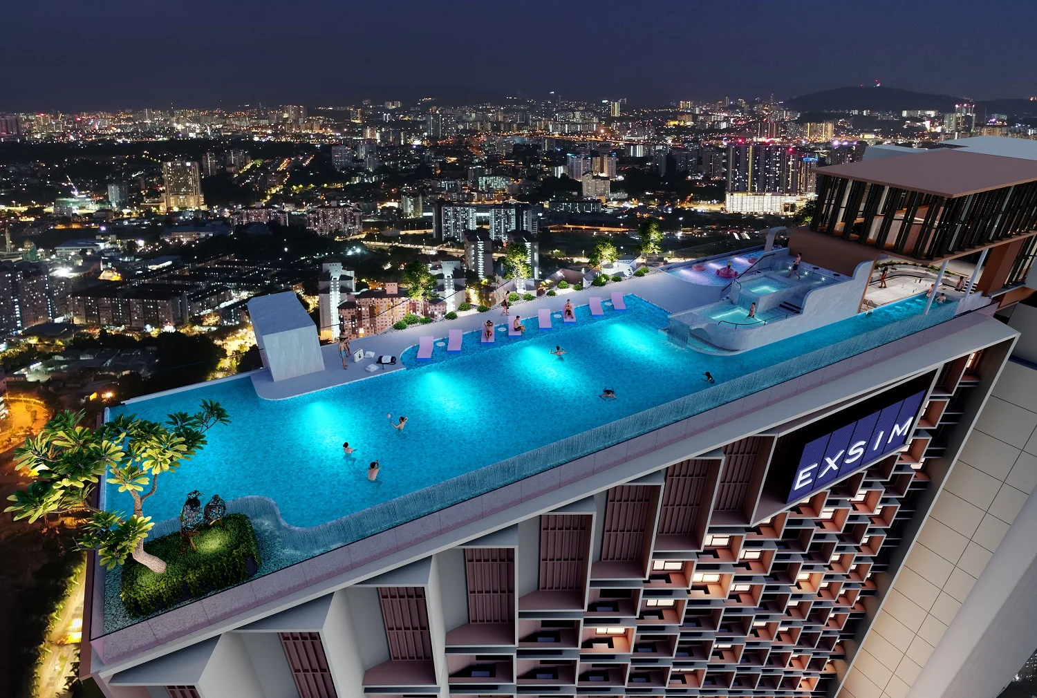 The Lighthauz sky infinity pool artist impression at night, Gelugor