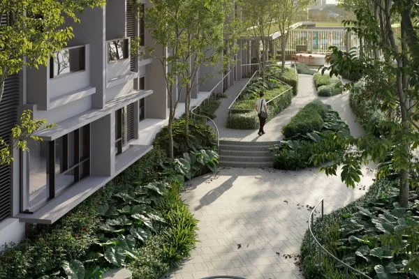 The Lighthauz landscaped garden walkway between residential blocks, Gelugor