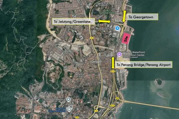 The Lighthauz Gelugor location map showing access to Georgetown, Penang Bridge and Penang Waterfront Convention Centre