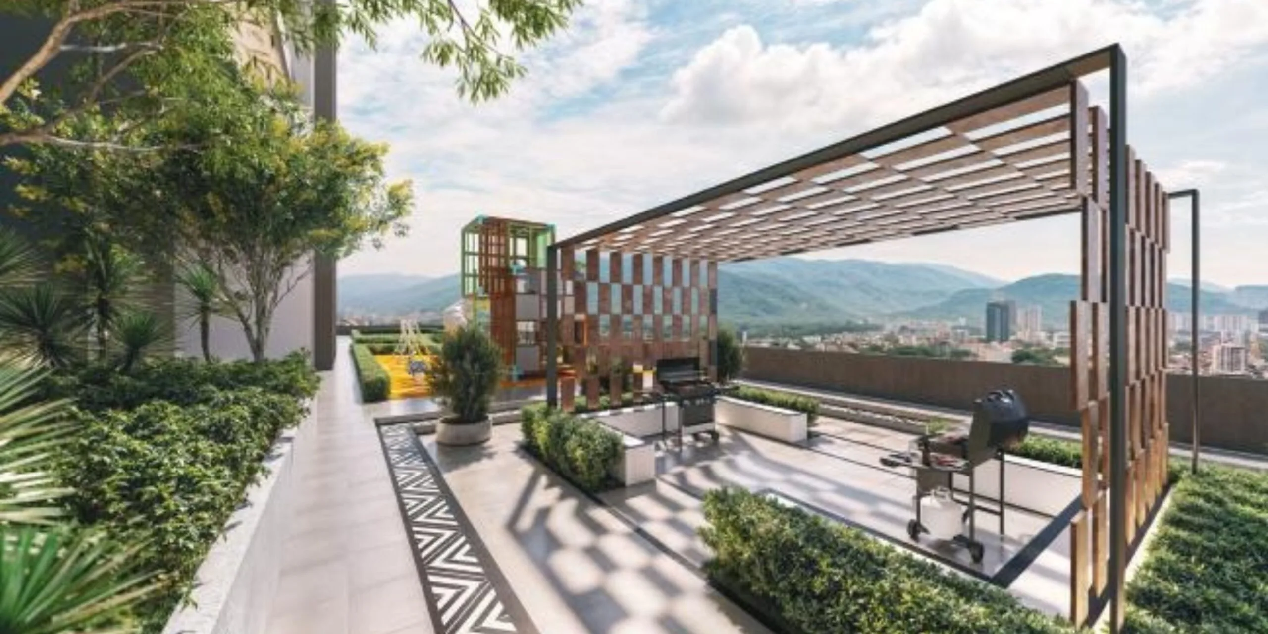Lumina Residence rooftop BBQ terrace and garden deck with hillside view, Penang