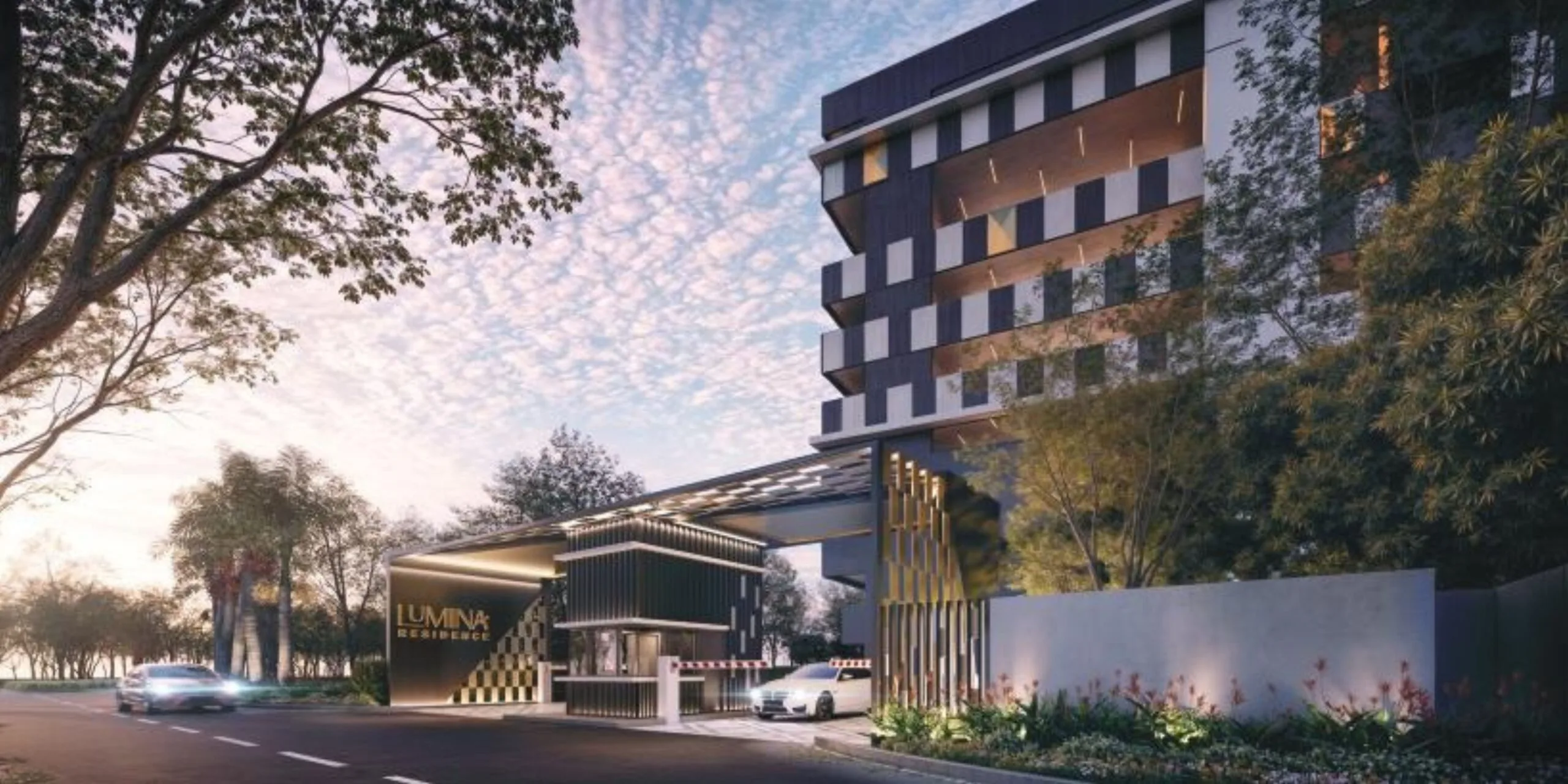 Lumina Residence guarded entrance and drop-off porch on Pykett Avenue, George Town