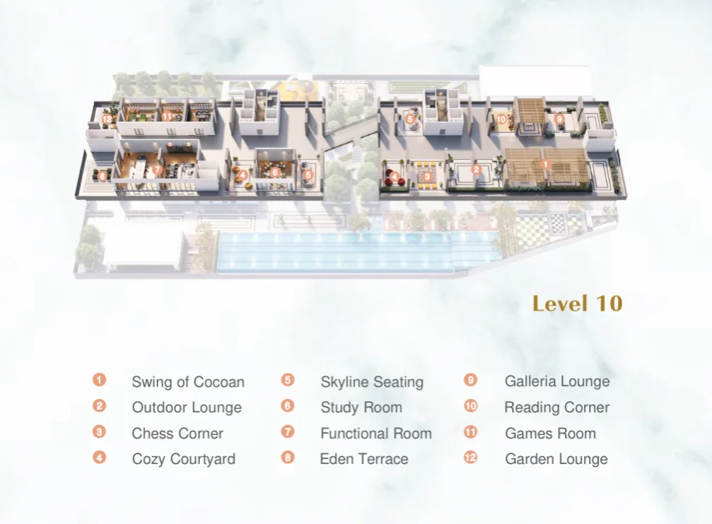 Lumina Residence Level 10 facilities plan — lounges, games room and skyline seating deck, Pykett Avenue