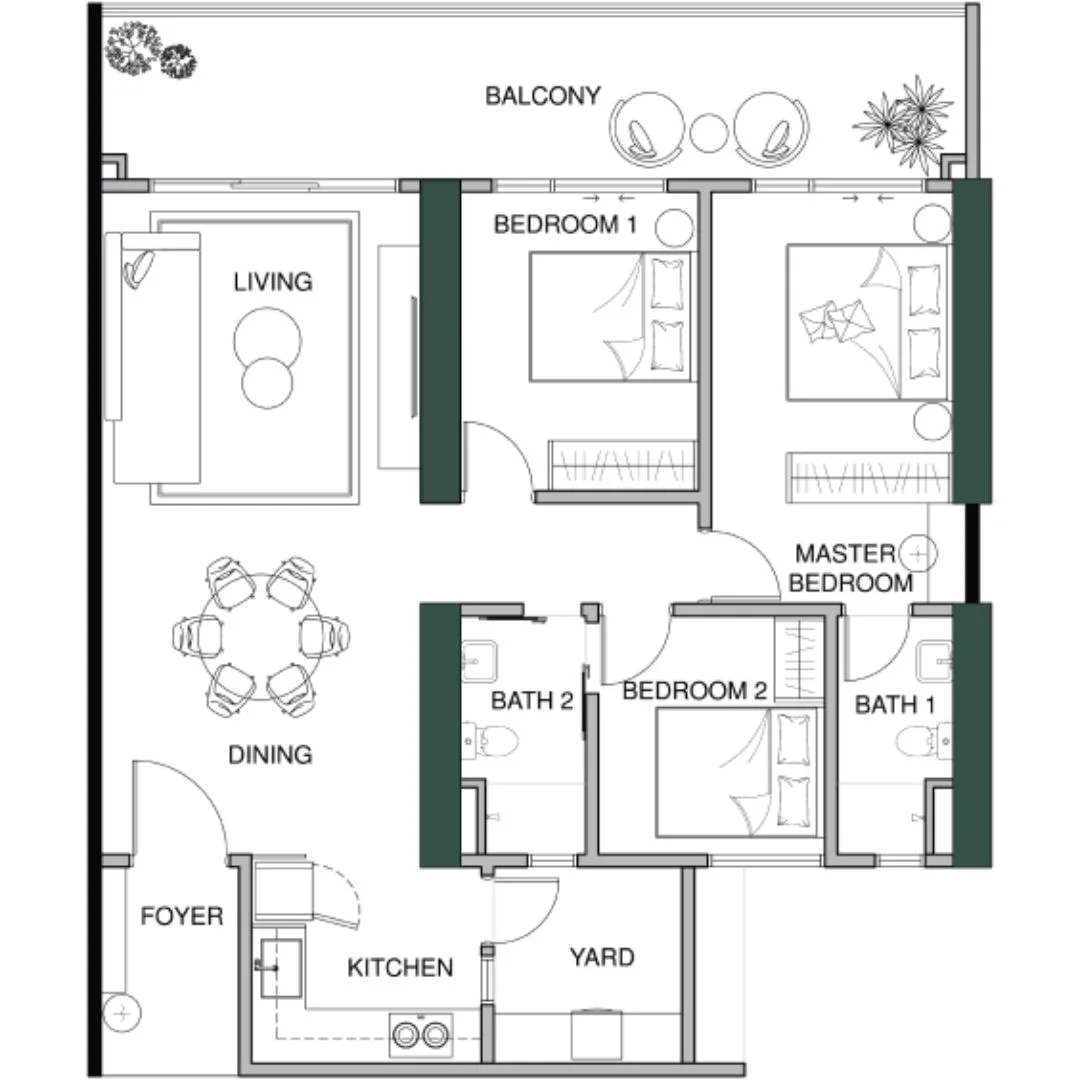 Lumina Residence Type B floor plan, 1346 sqft 3-bedroom 2-bathroom layout, Pykett Avenue George Town