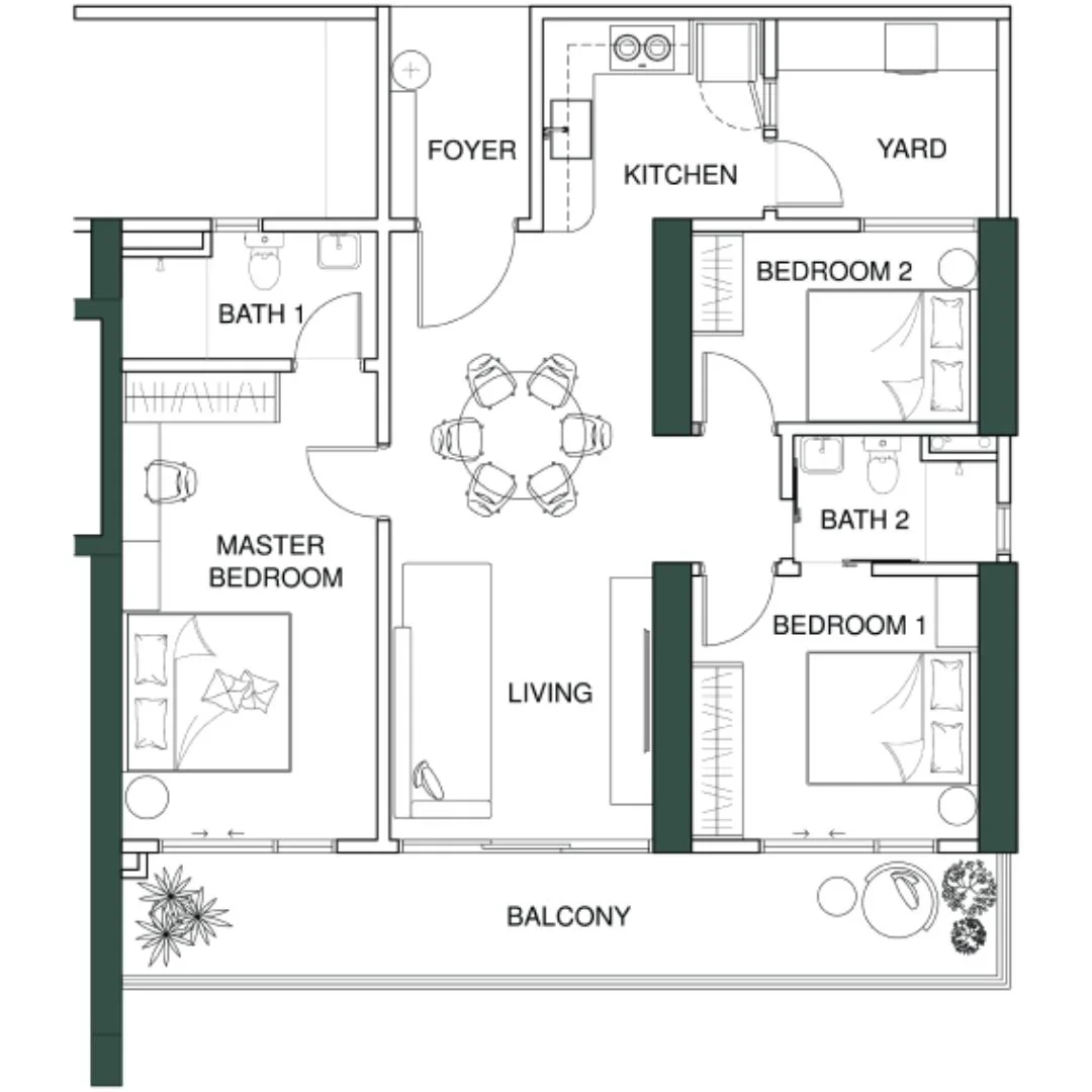 Lumina Residence Type C floor plan, 1216 sqft 3-bedroom 2-bathroom layout, Pykett Avenue George Town