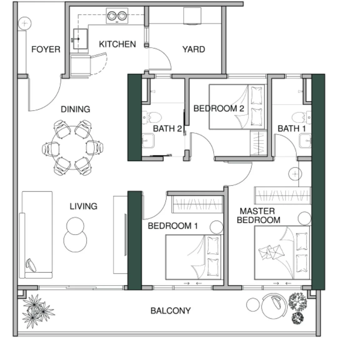 Lumina Residence Type D floor plan, 1206 sqft 3-bedroom 2-bathroom layout, Pykett Avenue George Town