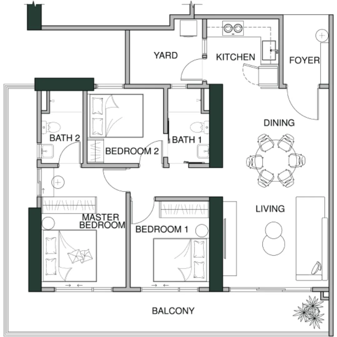 Lumina Residence Type D1 floor plan, 1324 sqft 3-bedroom 2-bathroom layout, Pykett Avenue George Town
