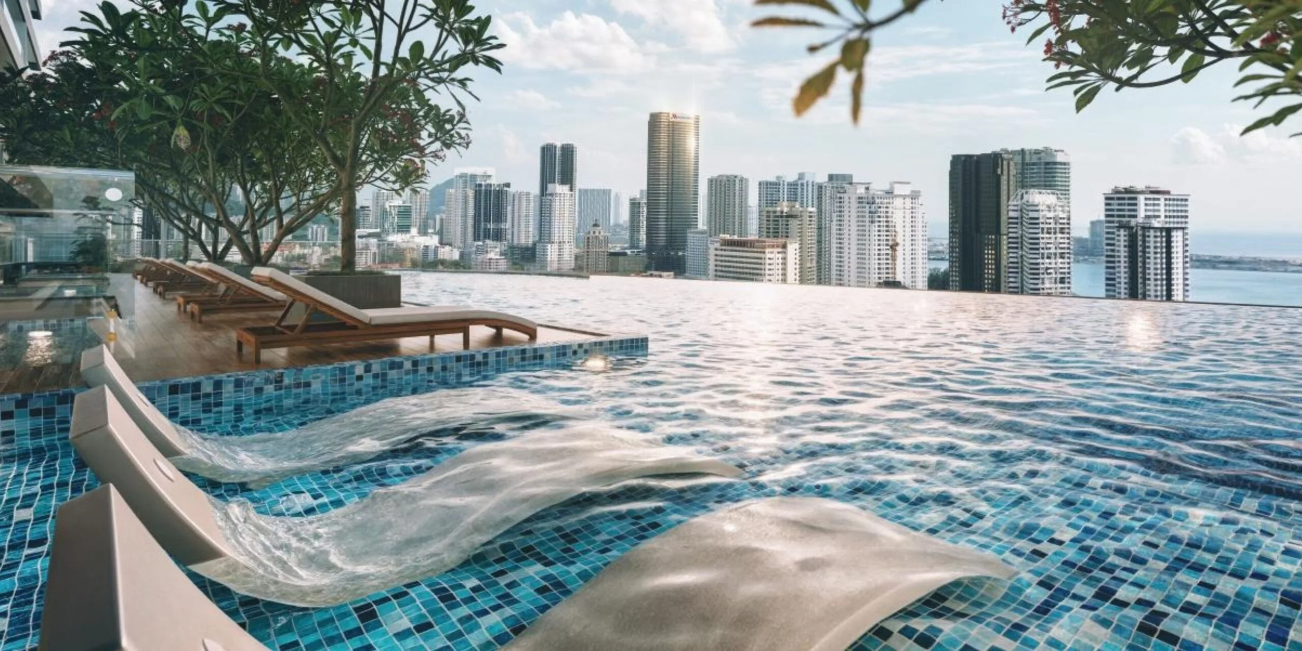 Lumina Residence rooftop infinity pool deck with George Town skyline and sea view, Pykett Avenue Penang