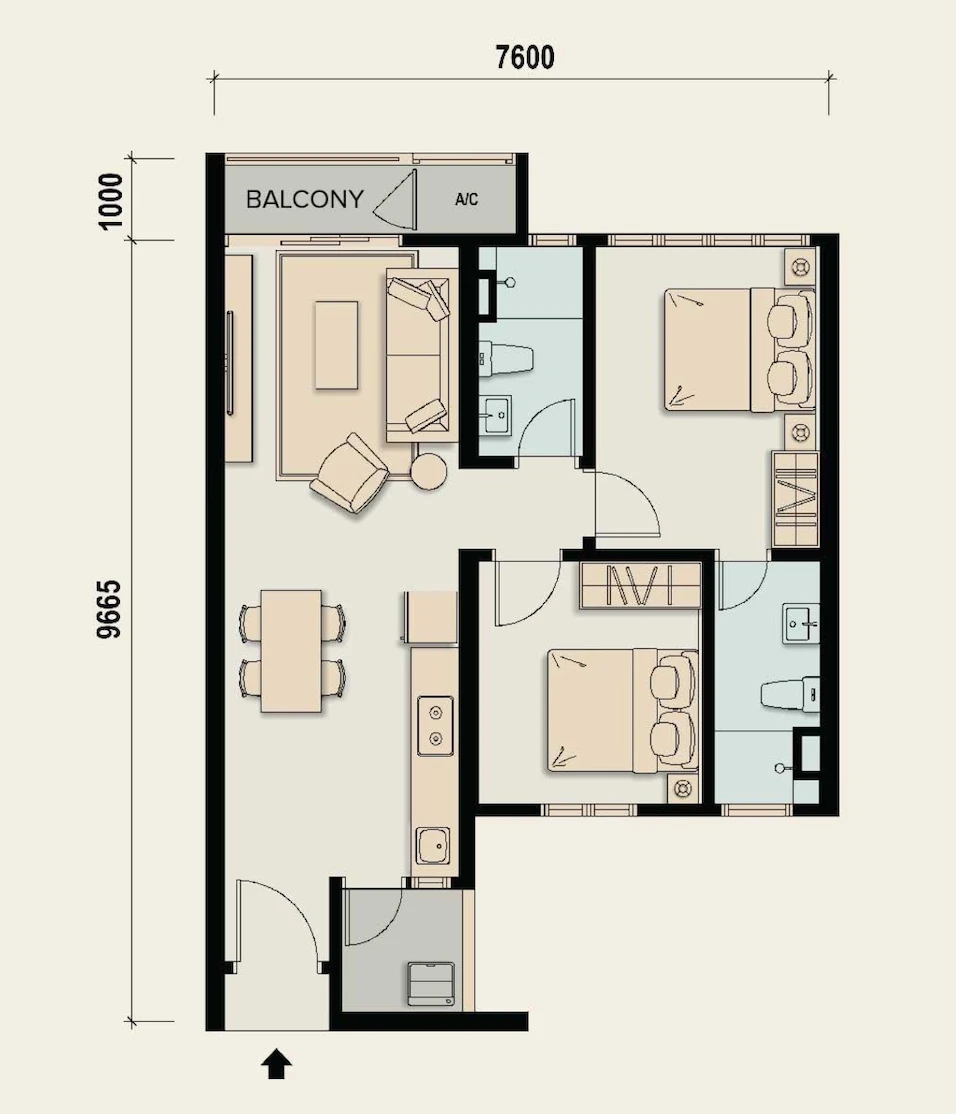 M Aspira Type A floor plan, 706 sq ft with 2 bedrooms and 2 bathrooms, from the official developer website in Taman Desa, Kuala Lumpur
