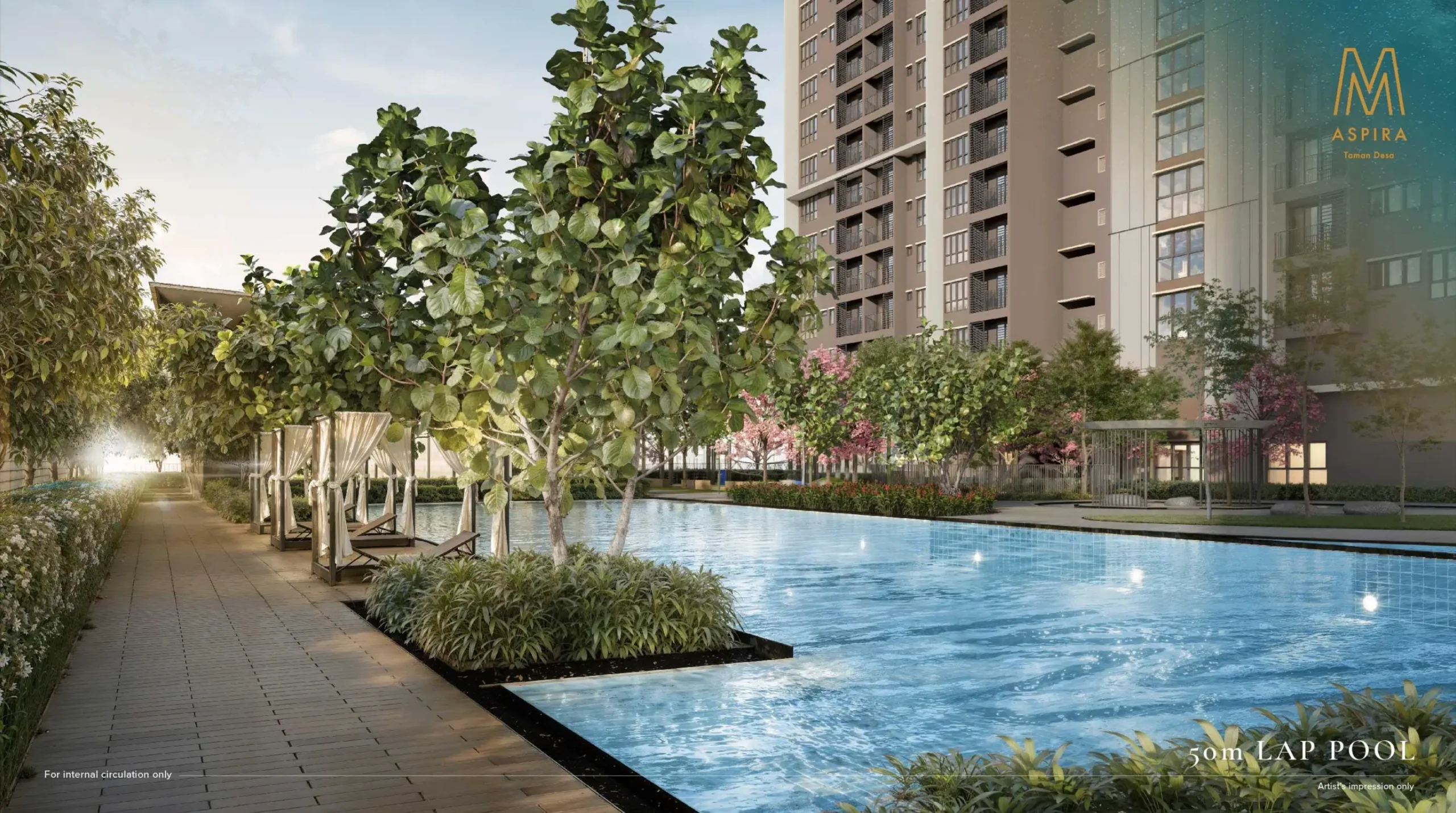 M Aspira 50m lap pool artist impression with poolside cabanas, from the official developer website in Taman Desa, Kuala Lumpur