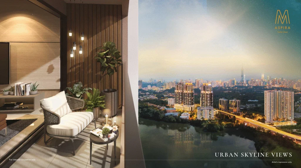 M Aspira balcony living space and urban skyline view over Kuala Lumpur, from the official developer website in Taman Desa, Kuala Lumpur