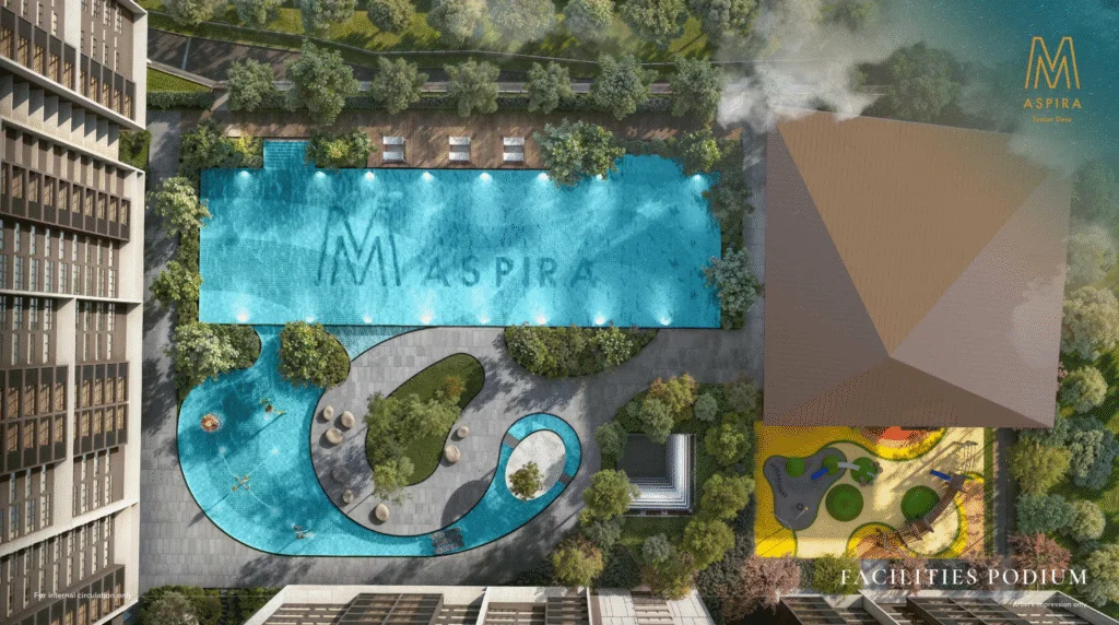 M Aspira facilities podium aerial view showing the pool deck and children's play area, from the official developer website in Taman Desa, Kuala Lumpur