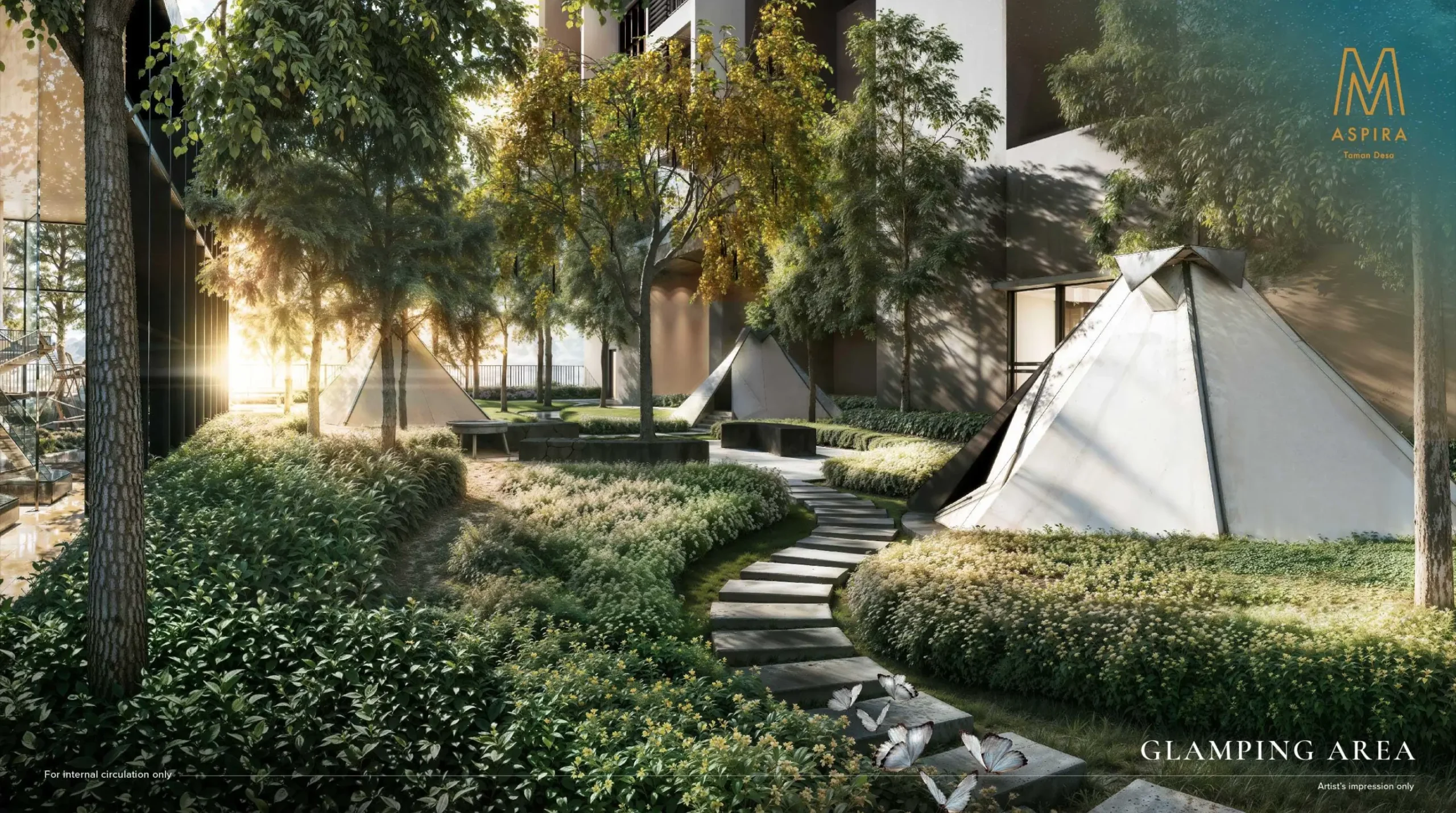 M Aspira glamping area artist impression with tent-style pods and garden pathway, from the official developer website in Taman Desa, Kuala Lumpur