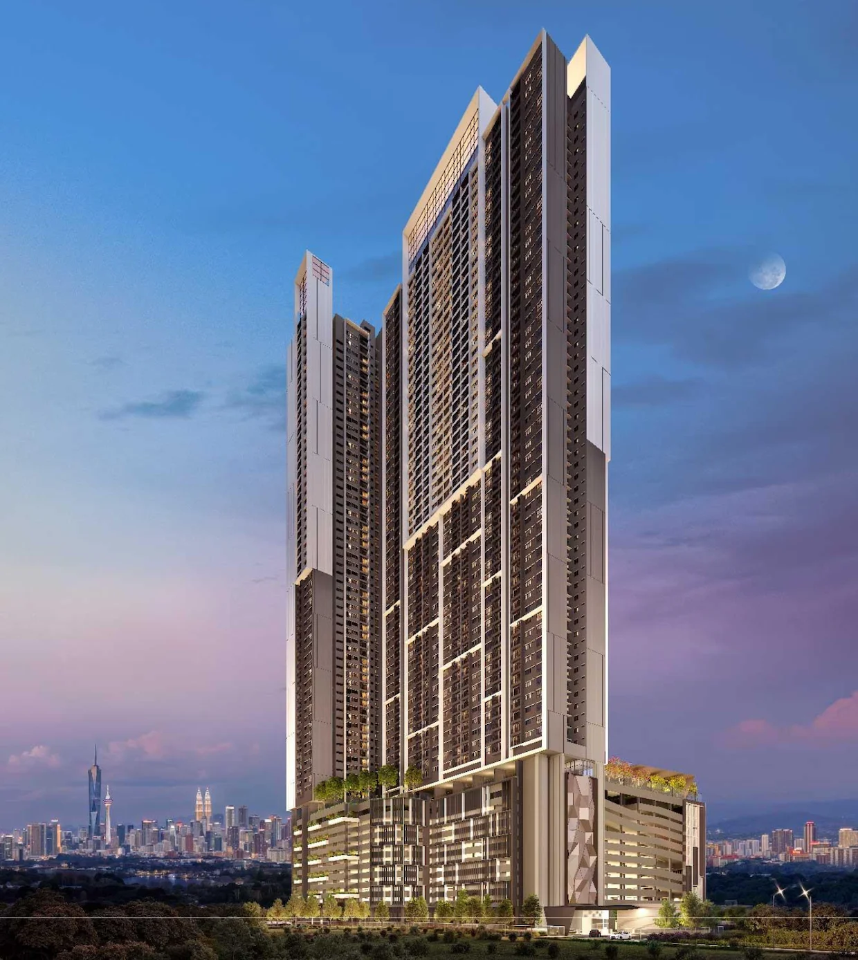 M Aspira Taman Desa twin-tower exterior at dusk with the Kuala Lumpur skyline, from the official developer website
