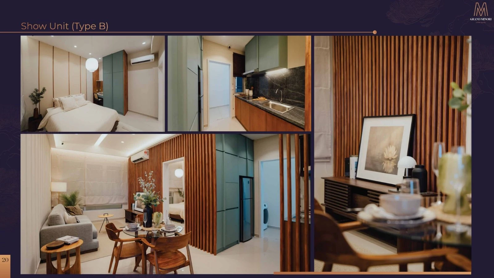 Interior unit pameran Type B M Grand Minori - bilik tidur, dapur dan ruang tamu/makan