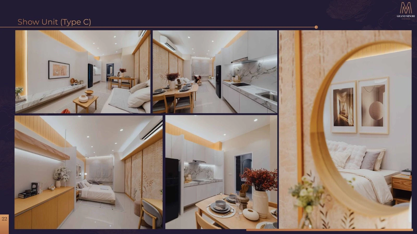 Interior unit pameran Dual-Key Type C M Grand Minori - ruang tamu, dapur dan bilik tidur