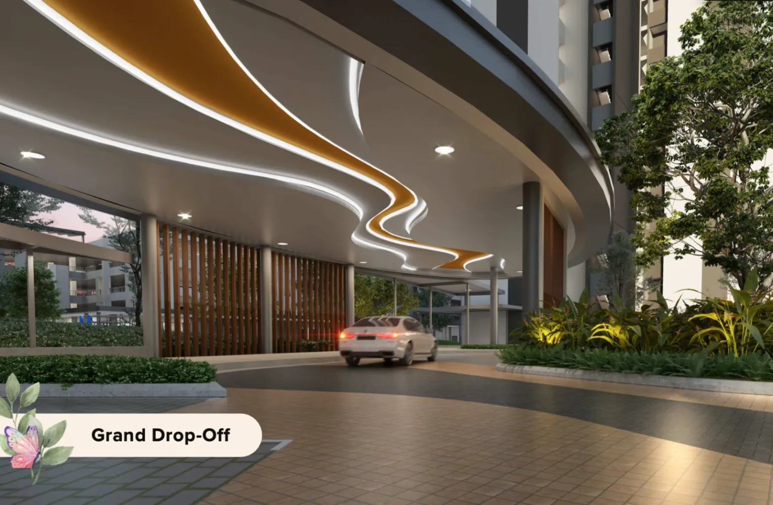 M Sinar grand drop-off porch with illuminated canopy in Bangi, Selangor