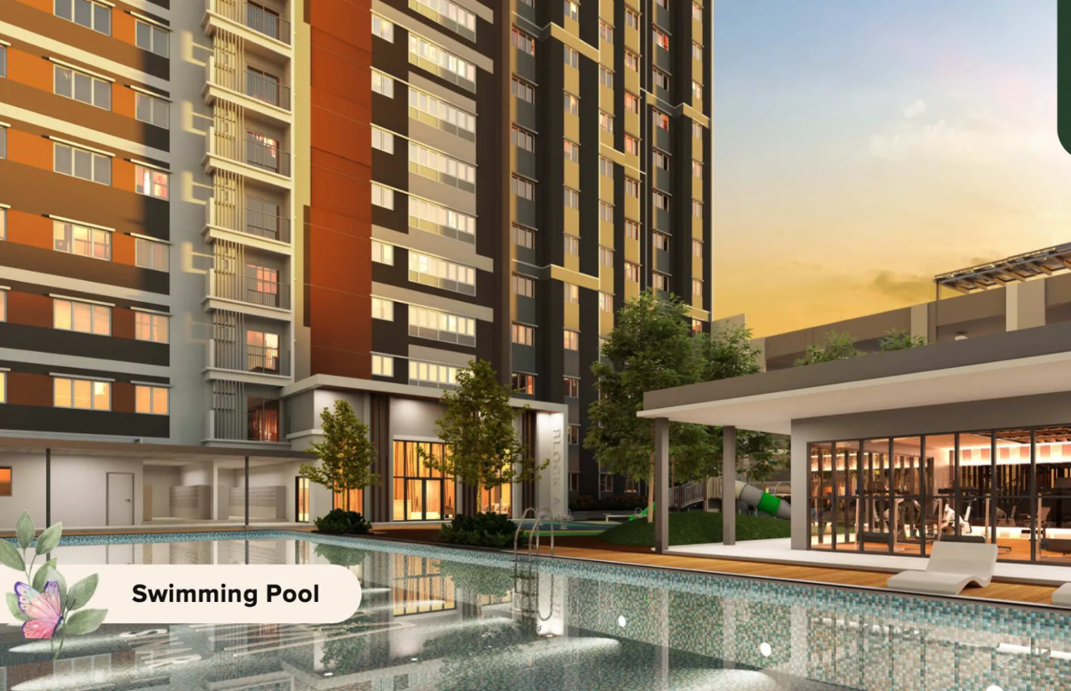 M Sinar swimming pool deck with Block A facade and gym view in Bangi, Selangor