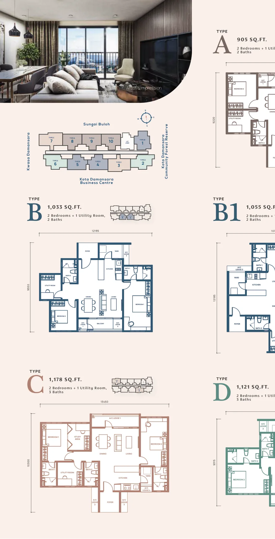 Mahogany Residence Type B1 Floor Plan - 055SQ.FT from verified project brochure