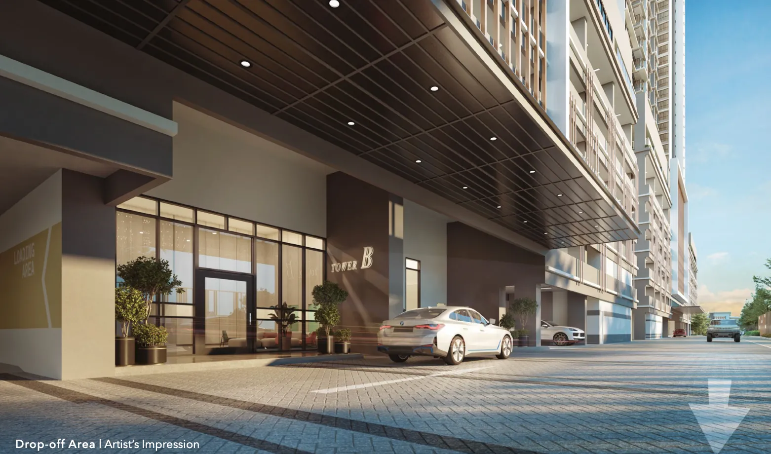Kawasan lekang Menara B Mandolin Residences dan pintu masuk porte-cochere, gambaran artis